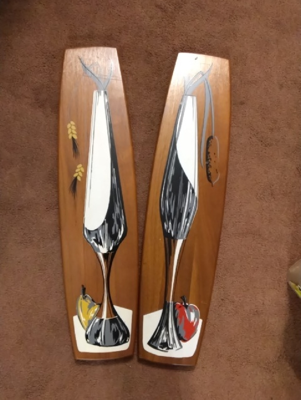 Mid-Century Modern Hand-Painted Wood Wall Plaques - Wine Glass Motif